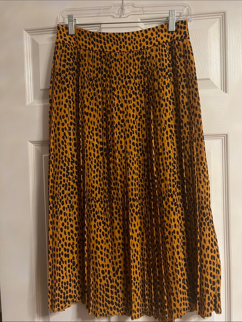 J. Crew Golden Yellow Pleated Midi Skirt with Navy Spot Print -Like New